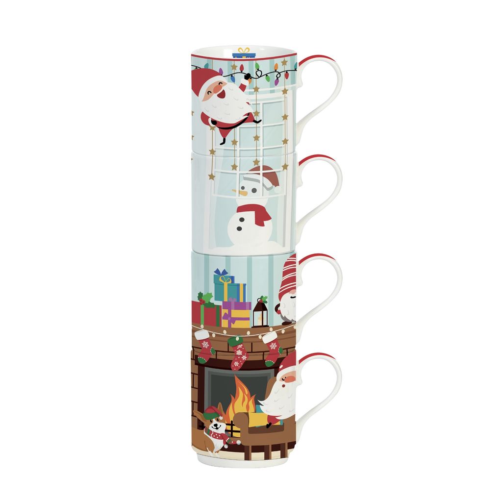 Coffret 4 Tasses à Café En Porcelaine 11 Cl Avec Soucoupes En Bambou - Thème Christmas Friends - Easy Life